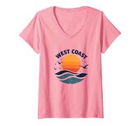 Surf Retro en la Costa Oeste en Sunset Beach Camiseta Cuello V, Mujer, Rosado, S