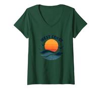 Surf Retro en la Costa Oeste en Sunset Beach Camiseta Cuello V, Mujer, Verde Bosque, L