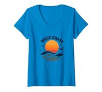 Surf Retro en la Costa Oeste en Sunset Beach Camiseta Cuello V, Mujer, Zafiro, M