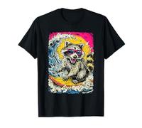 Surfear Mapache Montar Océano Onda Surfista Animal Puesta del Sol Play Camiseta