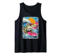 Surfear Montar Cocodrilo Onda Surfista Animal Atardecer Playa Camiseta sin Mangas