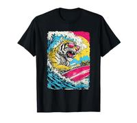 Surfear Tigre Montar Océano Ola Surfista Animal Puesta del Camiseta