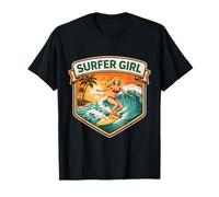 Surfer Chica Mujer Surfeando Vintage Tabla De Surf Olas Océano Lindo Camiseta