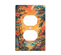 Surfer - Placa de pared dúplex con diseño de palmera de dibujos animados tropicales, verano, naranja, plástico, tamaño estándar, doble toma de corriente, para sala de estar, dormitorio, decoración de