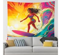 Surfing Girl - Tapiz colorido con olas del océano, atardecer bohemio decorativo para colgar en la pared, tapices vibrantes estéticos para dormitorio, sala de estar, dormitorio, 50 x 60 pulgadas