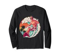 Surfing Ola Puesta del Sol Surfer Tropical Playa Arte Retro Manga Larga