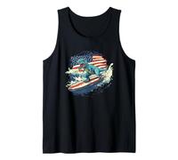 Surfista de dinosaurios con bandera de Estados Unidos para niños y niñas Camiseta sin Mangas