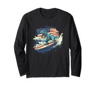Surfista de dinosaurios con bandera de Estados Unidos para niños y niñas Manga Larga