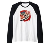 Surfista dinosaurio rojo blanco azul para amantes de las tablas de surf Camiseta Manga Raglan