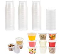 Surflyee 50 Piezas Tarros de Plastico con Tapa Pequeños, 100ML Reutilizable Recipientes Comida, Indicado para Salsas, Sopas, Condimentos, Cremas, Cuadros de Diamantes, Manualidades, etc