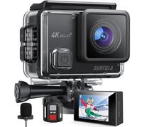 Surfola Cámara Deportiva 4K 30FPS 20MP WiFi, EIS Anti-Shake Cámara Subacuática Resistente al Agua , Micrófono Externo con Control Remoto con 2 Baterías y Kit de Accesorios para el Casco