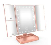 SURFOU Espejo de Maquillaje con Luces LED, 21 Leds, 3X Aumento (1X/2X/3X/10X), Espejo Tríptico Plegable, Pantalla Táctil 180° Ajustable, Dual USB/Batería, para Tocador - Oro Rosa