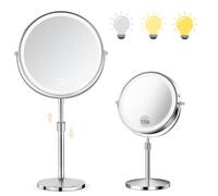 SURFOU Espejo de Maquillaje con Luz LED 10X/1X, Espejo Cosmético Doble Cara con Aumento, 3 Modos de Iluminación y Brillo Regulable, Recargable USB Type-C 2000mAh, Giratorio 360°, para Tocador y Baño