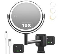 SURFOU Espejo de Maquillaje de Pared Sin Taladro, Doble Cara 1X/10X Aumento, 3 Colores LED & Brillo Ajustable, 360° Giratorio y Brazo Extensible, Recargable USB-C para Baño