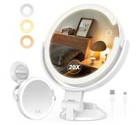 SURFOU Espejo de Maquillaje Luminoso con Ventosa Potente, 1/20X Espejos de Aumento Luminoso, Espejo de Aumento de luz Ajustable en Intensidad, con una Altura Ajustable