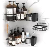 SURFOU Estante de Ducha Esquinero Sin Taladro 3 Piezas, Organizador de Baño Autoadesivo Negro con Adhesivo, Estantería Rincón para Ducha y Baño de Acero Inoxidable Antioxido