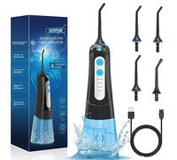 SURFOU Irrigador Dental, Irrigador Bucal Portatil con 4 Boquillas 4 Modos 300ML, IPX7 Impermeable USB Recargable Irrigador Para Viajes y Uso Doméstico