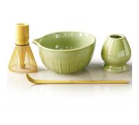 SURFOU Matcha kit 4 Piezas, Cuenco con Pico, Batidor de Bambú, Soporte y Cuchara, Ideal para Latte, Desayuno o como Regalo para Amantes del Té Verde Japonés