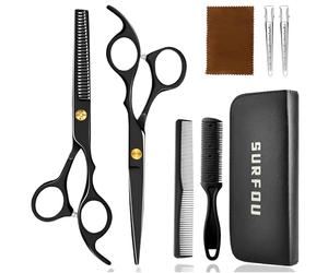 SURFOU Tijeras Peluqueria Profesional, Tijeras de entresacar de 6.7 pulgadas - Acero inoxidable, Set de 9 piezas con peine, Adecuado para hombres/mujeres/mascotas/uso doméstico y en salones, Negro