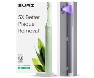 SURI Cepillo de dientes sónico sostenible, cepillo de dientes eléctrico delgado y potente, cabezal reciclable a base de plantas, 2 modos, incluye funda de limpieza LED UV, montaje en espejo y soporte