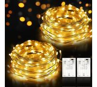 Suright Guirnalda Luces, 2 x 12M Luces LED Pilas Impermeable Exterior Interior, 120 LED Cadena Luces LED Decoración para Navidad Guirnalda Jardín Habitación Terraza Pared Cortina - Amarillo Cálido