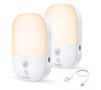 Suright Luz Nocturna Infantil Tipo-C Recargable, 2 Piezas Luz con Sensor de Movimiento Brillo Ajustable (AUTO/OFF/ON) Modos, Luz para Armario, Pasillo, Escalera, Cocina, Blanco Cálido