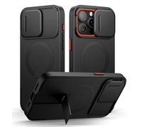 SURITCH Funda Magnética Compatible con iPhone 15 Pro MAX, Carcasa de amortiguación a Prueba Protectora con Tapa de cámara Deslizante y Soporte Ajustable(Negro)