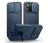 SURITCH Funda Magnética Compatible con iPhone 15 Pro MAX, Carcasa de amortiguación a Prueba Protectora con Tapa de cámara Deslizante y Soporte Ajustable(Azul)