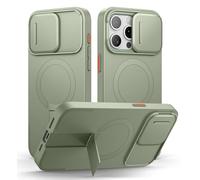 SURITCH Funda Magnética Compatible con iPhone 15 Pro MAX, Carcasa de amortiguación a Prueba Protectora con Tapa de cámara Deslizante y Soporte Ajustable(Verde)