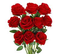 Surluoen Rosa Artificial Rosas de Seda Roja con Ramo de Flores de Tallo DecoracióN para el Hogar Fiesta de Boda, Paquete de 10 (Rojo)