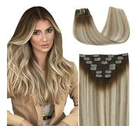 SURNEL 7C#3822-16 - Extensiones de cabello humano con clip en color marrón oscuro a marrón claro, mezcla de rubio claro, 40 cm, 7 unidades / 140 g, doble mechón (7C#3822-16 pulgadas)