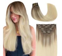 SURNEL 7C#8T60-16 - Extensiones de pelo humano con clip en color marrón ceniza degradado a rubio platino, 40 cm, 7 unidades / 140 g, mechones dobles (7C#8T60-16 pulgadas)
