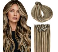 SURNEL Clip En Extensiones Cabello Humano 40cm 100g 6 Piezas Cabeza Completa Extensiones De Cabello Clips Humano Marrón Medio Y Rubio Caramelo Destacados(C#4P27-40cm)