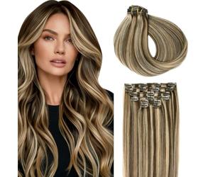 SURNEL Clip En Extensiones Cabello Humano 40cm 100g 6 Piezas Cabeza Completa Extensiones De Cabello Clips Humano Marrón Medio Y Rubio Caramelo Destacados(C#4P27-40cm)