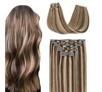 SURNEL Clip En Extensiones Cabello Humano 50cm 160g 7 Piezas Extensiones De Cabello Clips Cabello Humano Tramas Dobles Marrón Medio Y Rubio Destacados(7C#4P27-50cm)