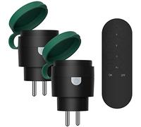 SURNICE Mini enchufes telecontrolados exteriores programables IP44, alcance 40 m, 2300 W, 2 tomas a distancia y 1 mando a distancia para decoración de vacaciones, negro/verde