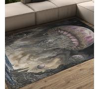 Surrealismo Alfombra Gris y Blanca Estampados de Isla del océano y Medusas Alfombras Salón Dormitorio de Chicos Salón de Deportes Alfombra Lavable De Pelo bajo 120x160cm