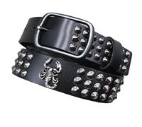 Surrycee Hombres Mujeres Punk Rock Goth Scorpion Metal Plata Tachonado Cinturón de cuero de vaca de grano completo con hebilla, 3,8 cm de ancho,Negro,105cm(34"~36")