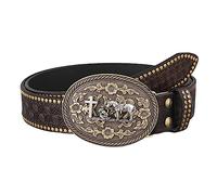 Surrycee Western Cowboy Religión Cruz Vaquero Arrodillado Oración Y Caballo Diseño Hebilla Cinturón Floral En Relieve Cinturones De Vaquero Para Hombres, 38 Mm De Ancho,Café,125cm/waist:42"~44"