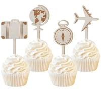 Sursurprise 16 adornos para cupcakes con temática de viaje, de madera, para avión, maleta, decoración de pasteles, viajes, aventuras, fiestas, cumpleaños, baby shower