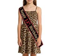 Sursurprise Banda de satén rojo y negro para niñas, estampado de leopardo, decoración de cumpleaños número 13, diseño de guepardo y cereza, decoración de fiesta de cumpleaños con temática de guepardo