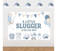 Sursurprise Decoraciones de béisbol para baby shower, telón de fondo de 5 x 3 pies con texto en inglés "A Little Slugger Is On The Way", fondo de fotografía con temática deportiva de béisbol azul