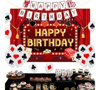 Sursurprise Decoraciones de cumpleaños de casino, fondo de pancarta de feliz cumpleaños de Las Vegas, globos de póquer, fichas de dados de póquer de casino Royale, suministros de fiesta de cumpleaños