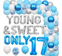 Sursurprise Decoraciones de cumpleaños número 17 para niñas, jóvenes y dulces, kit de arco de guirnalda de globos de 17 globos azul y plateado, suministros de fiesta de 17 años