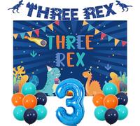 Sursurprise Decoraciones de fiesta de cumpleaños de dinosaurio azul, telón de fondo de tres banderas Rex, globo número 3, suministros de fiesta de cumpleaños de la selva para niños