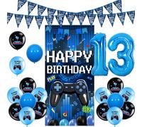 Sursurprise Decoraciones de videojuegos para cumpleaños número 13 para niños, pancarta azul de feliz cumpleaños para puerta, guirnalda de bandera triangular, globos, suministros para fiestas de