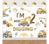 Sursurprise Fondo de cumpleaños con texto en inglés "I'm 2 and Digging It", 2.1 x 1.5 m, diseño de construcción con camiones volquetes y excavadoras, decoraciones de fiesta de segundo cumpleaños para