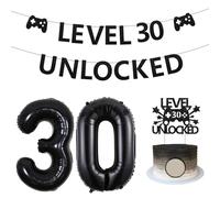 Sursurprise Nivel 30 Unlocked Cumpleaños Decoraciones, Nivel 30 Unlocked Banner Cake Topper Número 30 Globos para Gamer 30 Cumpleaños Decoraciones de Fiesta de Cumpleaños, Video Game Cumpleaños Fiesta