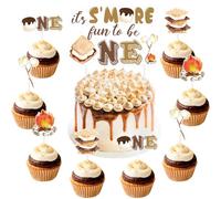 Sursurprise S'mores Decoraciones de fiesta de cumpleaños, 25 piezas It's S'more Fun To Be One Cake Topper S'mores Cupcake Toppers, One Happy Camper, Campfire Camper Party Supplies for 1er Birthday