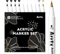 Surtido Arrtx de 10 marcadores acrílicos metálicos con punta de pincel y tinta a base de agua para tela, piedra, madera, vidrio, lienzo y cerámica. 4 blancos, 4 negros, 1 dorado y 1 plateado. nuevo